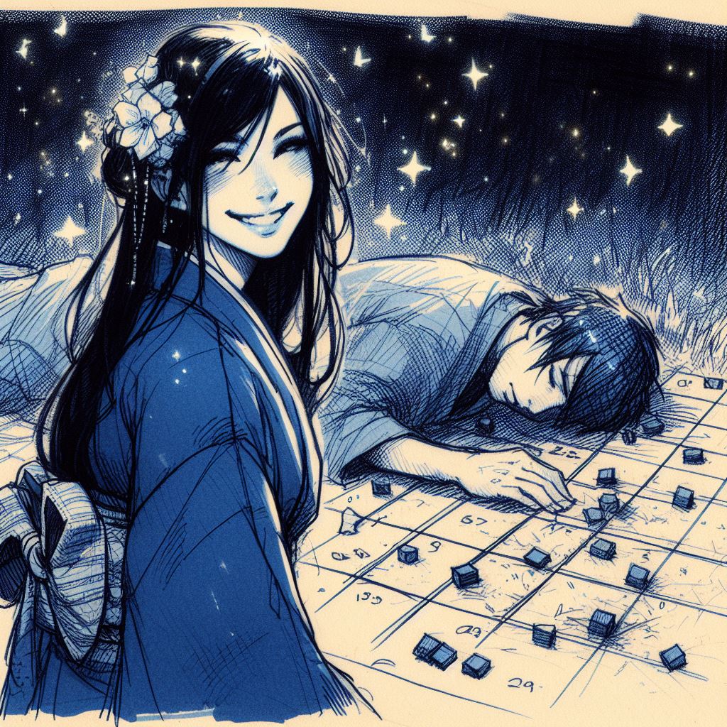 Enigmatic Komayō enticing players under the full moon for a mystical Ōgi game.